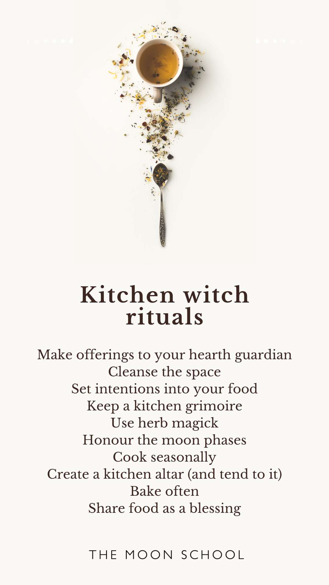 List of kitchen witchery rituals with a witches teaspoon with dried herbs