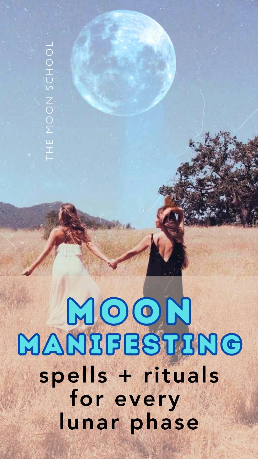 Two witchy women in a cornfield holding hand together beneath a huge full harvest moon