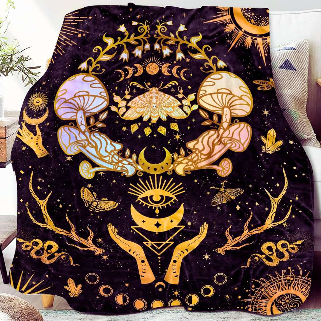 witchy gift idea moon phase blanket with mushrooms and moth design