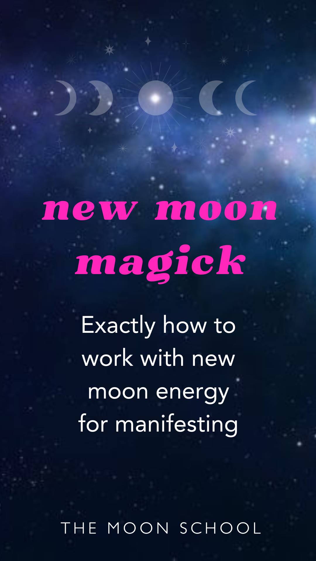 Dark cosmic sky with pink text: New Moon magick