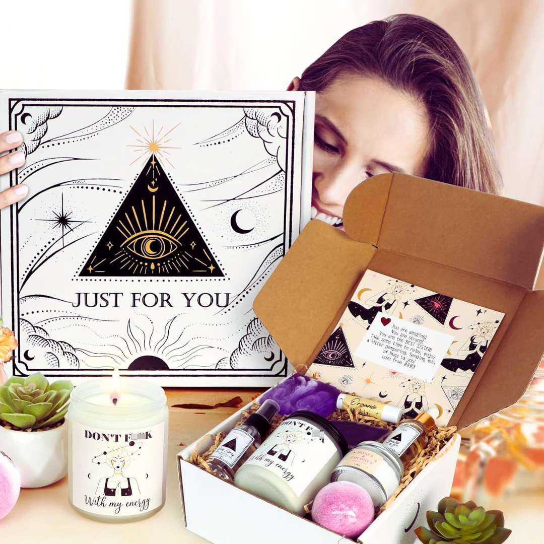 Woman opening a Spiritual self care gift box, great gift idea for witchy woman