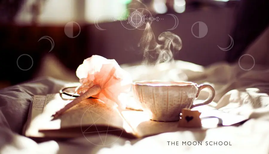 Self care sup of herbal tea steaming, on an open notebook on a bed
