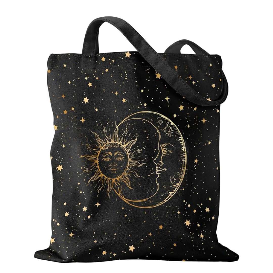 black and gold sun and moon tote bag design great idea for a gift for spirtual woman or tarot lover