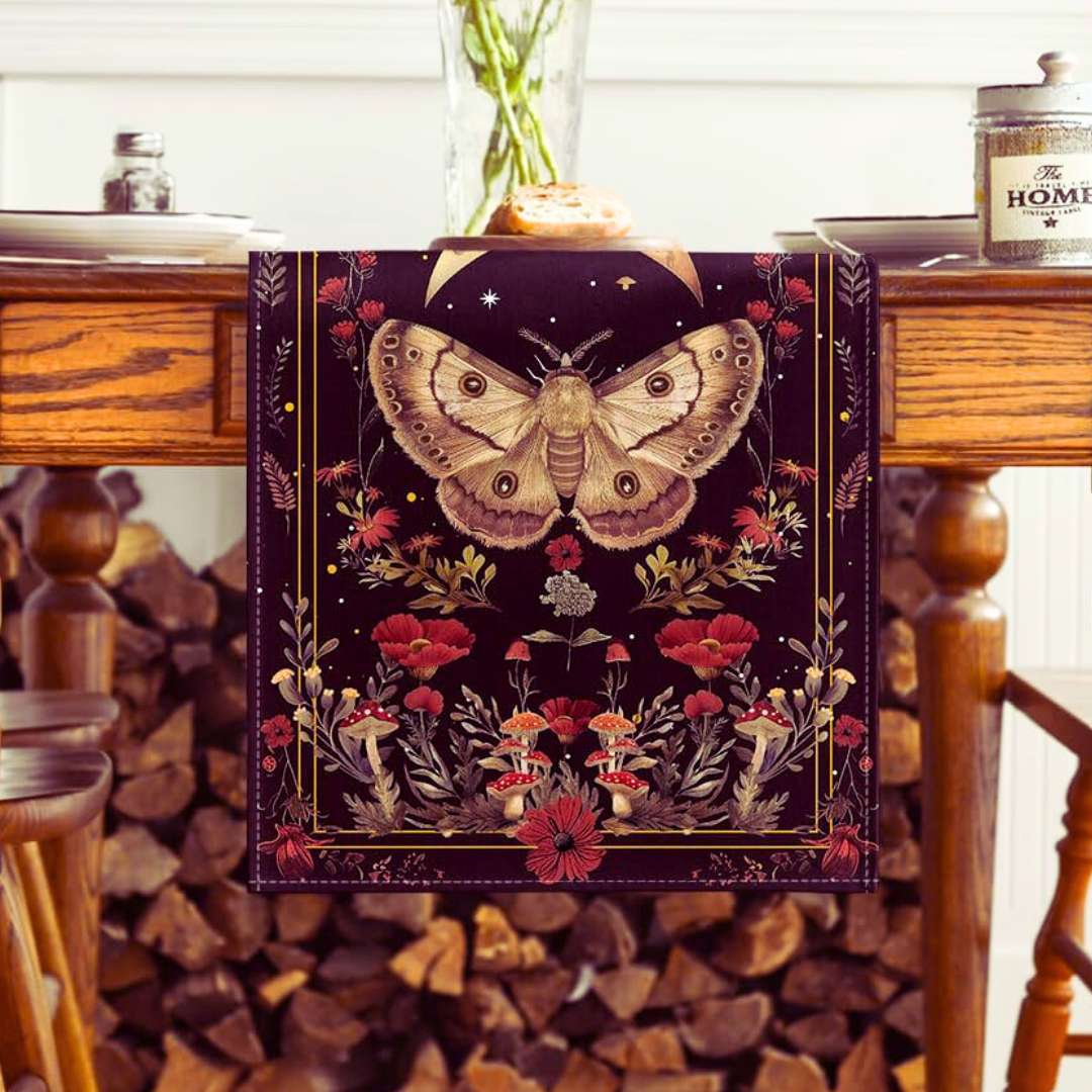 Wiccan decor aesthetic style table runner with moth, moon and poppies gift idea