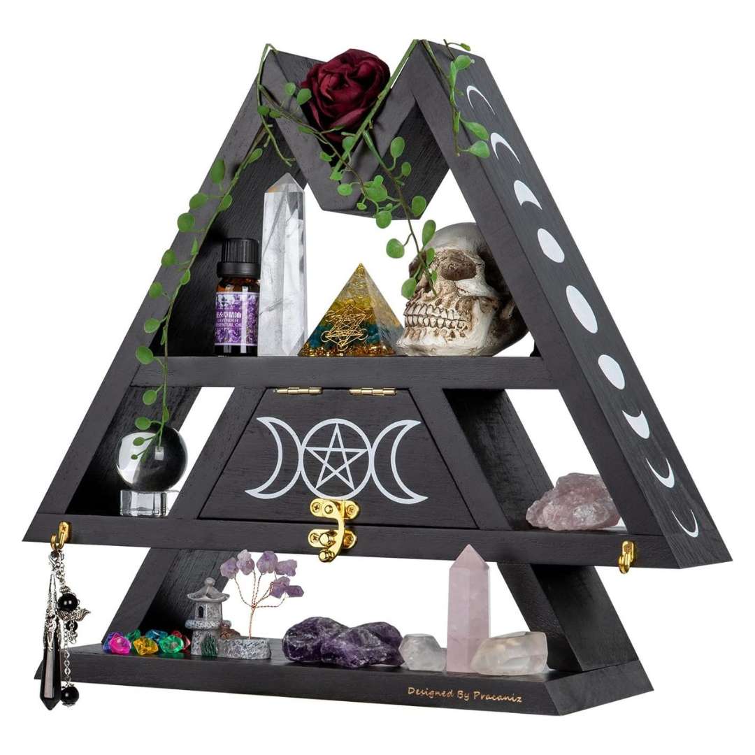 black triangular crystal display shelf for witches gift idea for wiccans