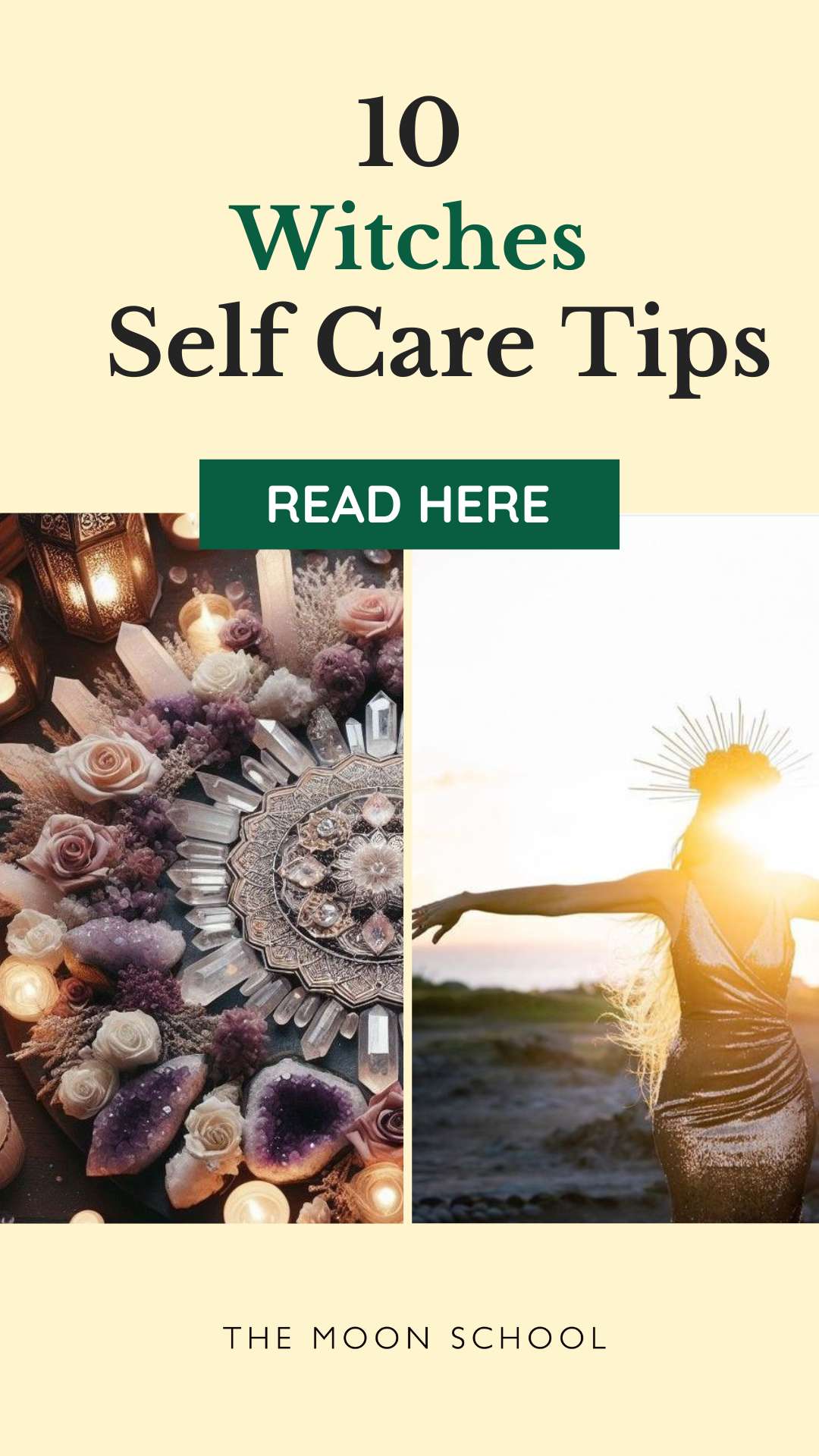 yellow pin with 2 collaged images of witches self care
