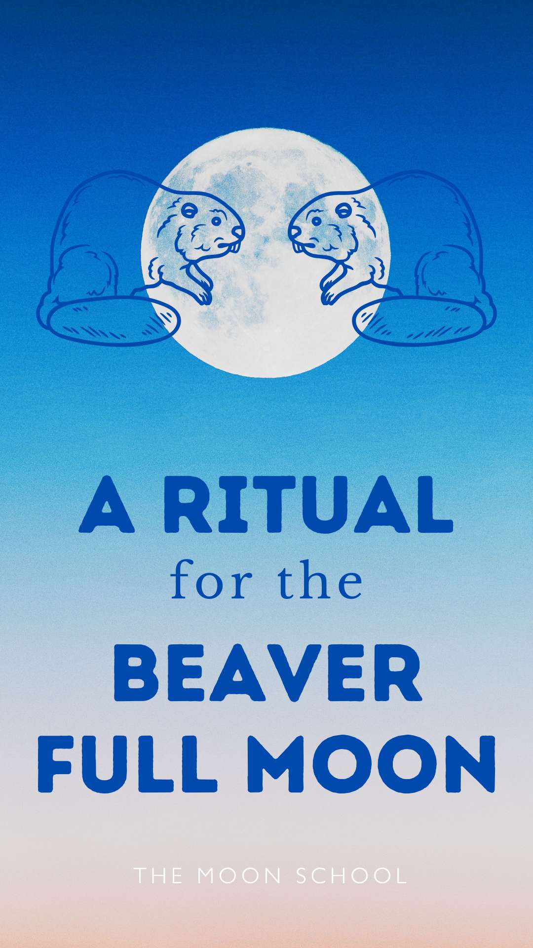 Full beaver Moon in blue sky with line drawings of beavers