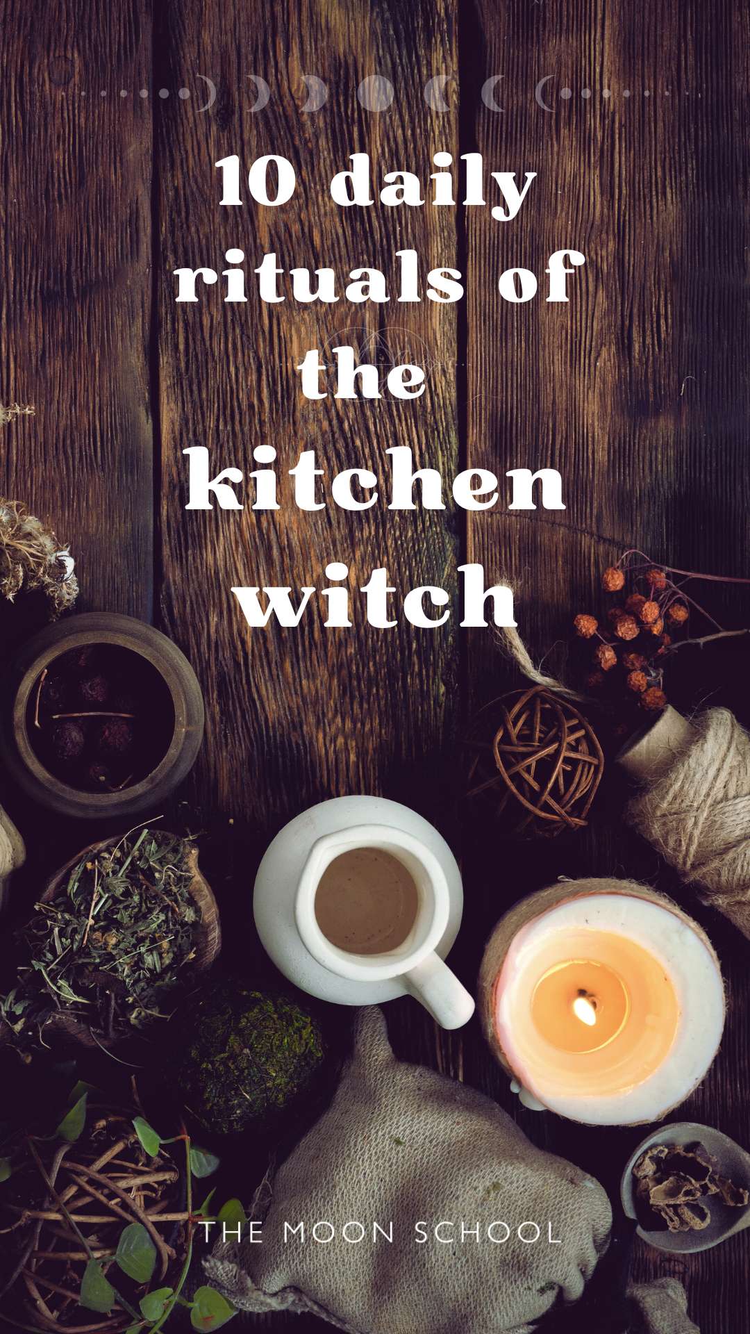 Hearth witch kitchen surface with candle, tea and bundle of drying herbs