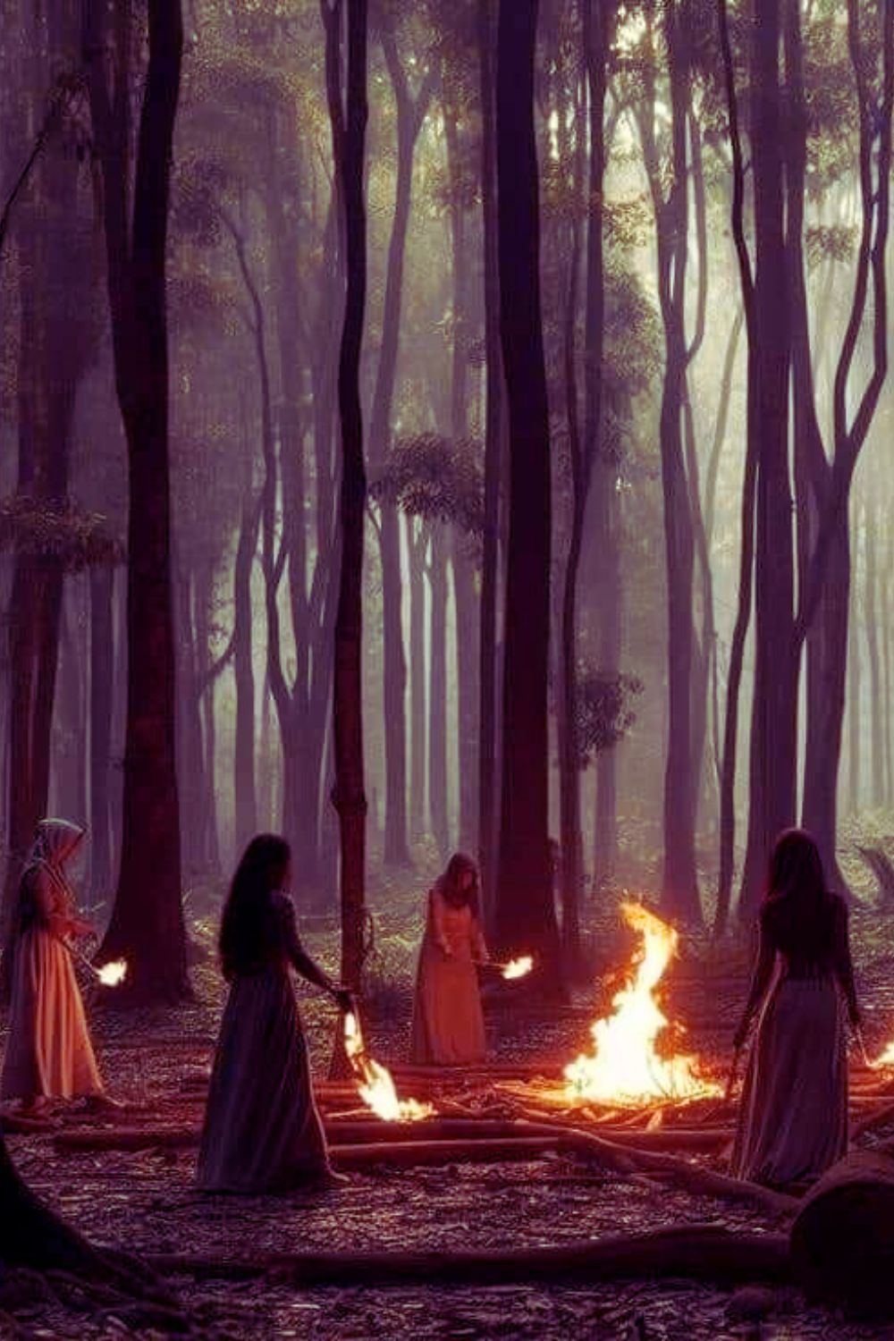 mystical image of wild women in a forest around a full moon fire ceremony