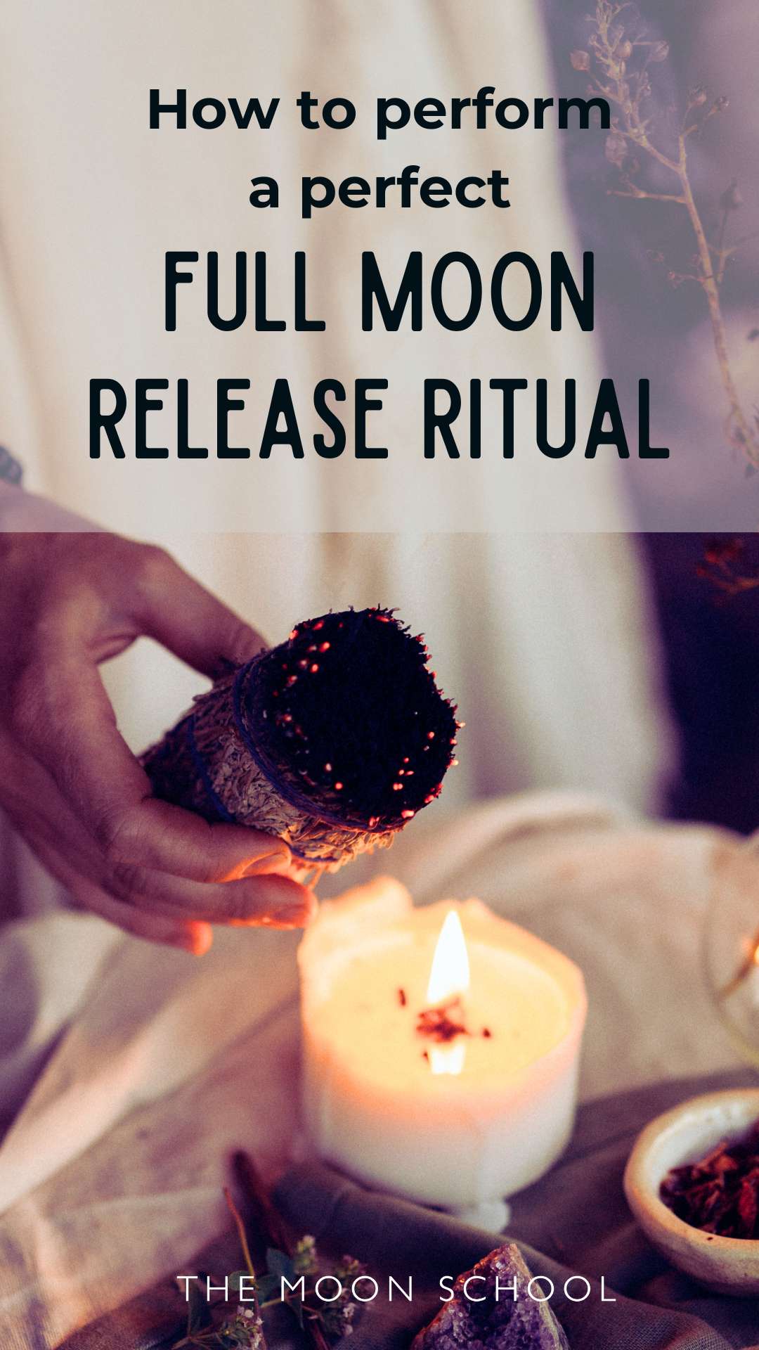 Witchcraft release ritual lighting a sage bundle with a white candle
