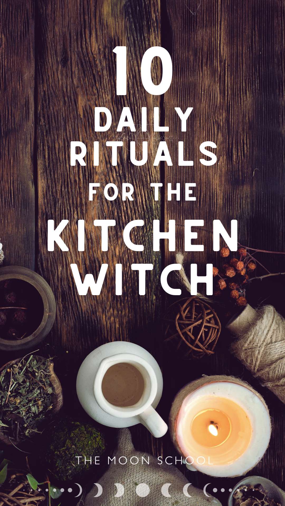 Candle, tea and witches pots on a kitchen surface