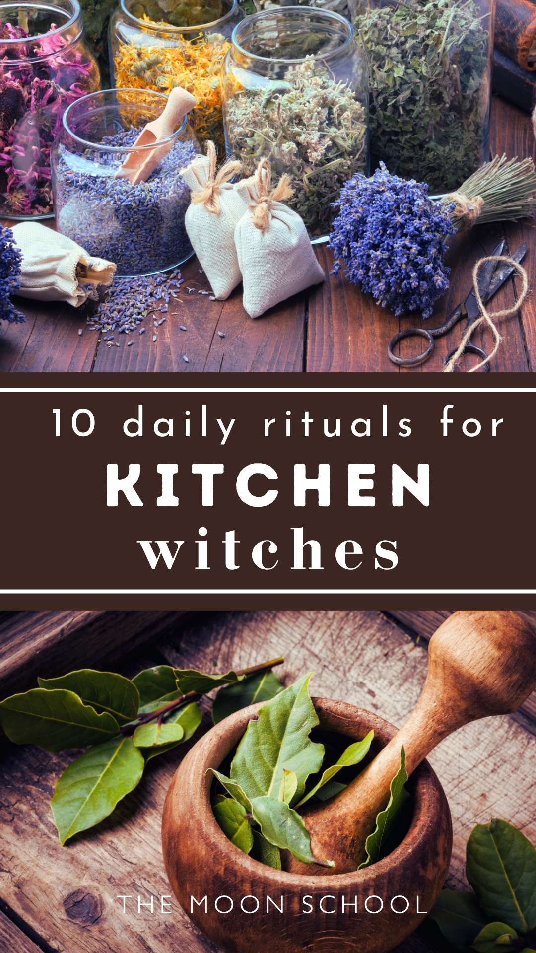 Collage pin showing Herbal pillows and bay leaves in a pestle mortar kitchen witchery
