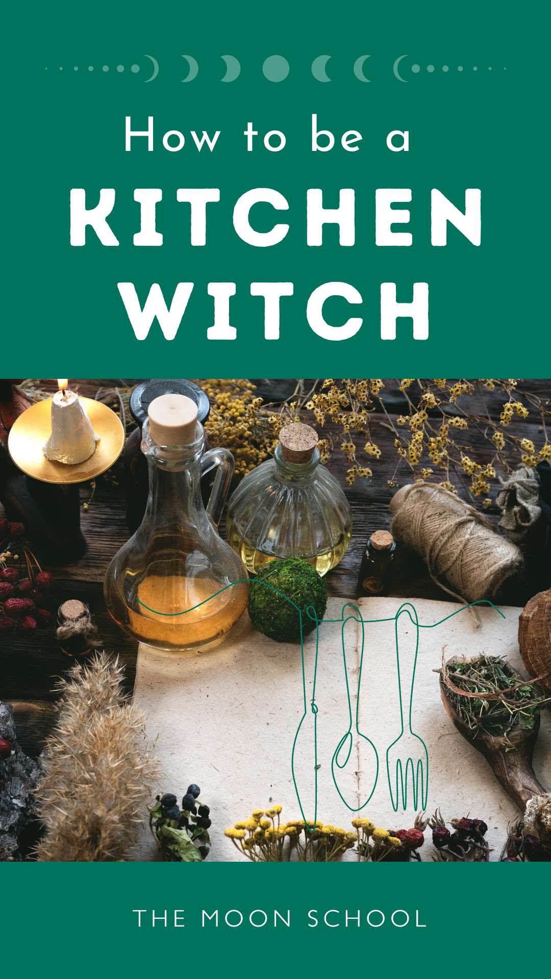 Kitchen witches book of shadows surrounded by sacred herbs, pots and witchy tools