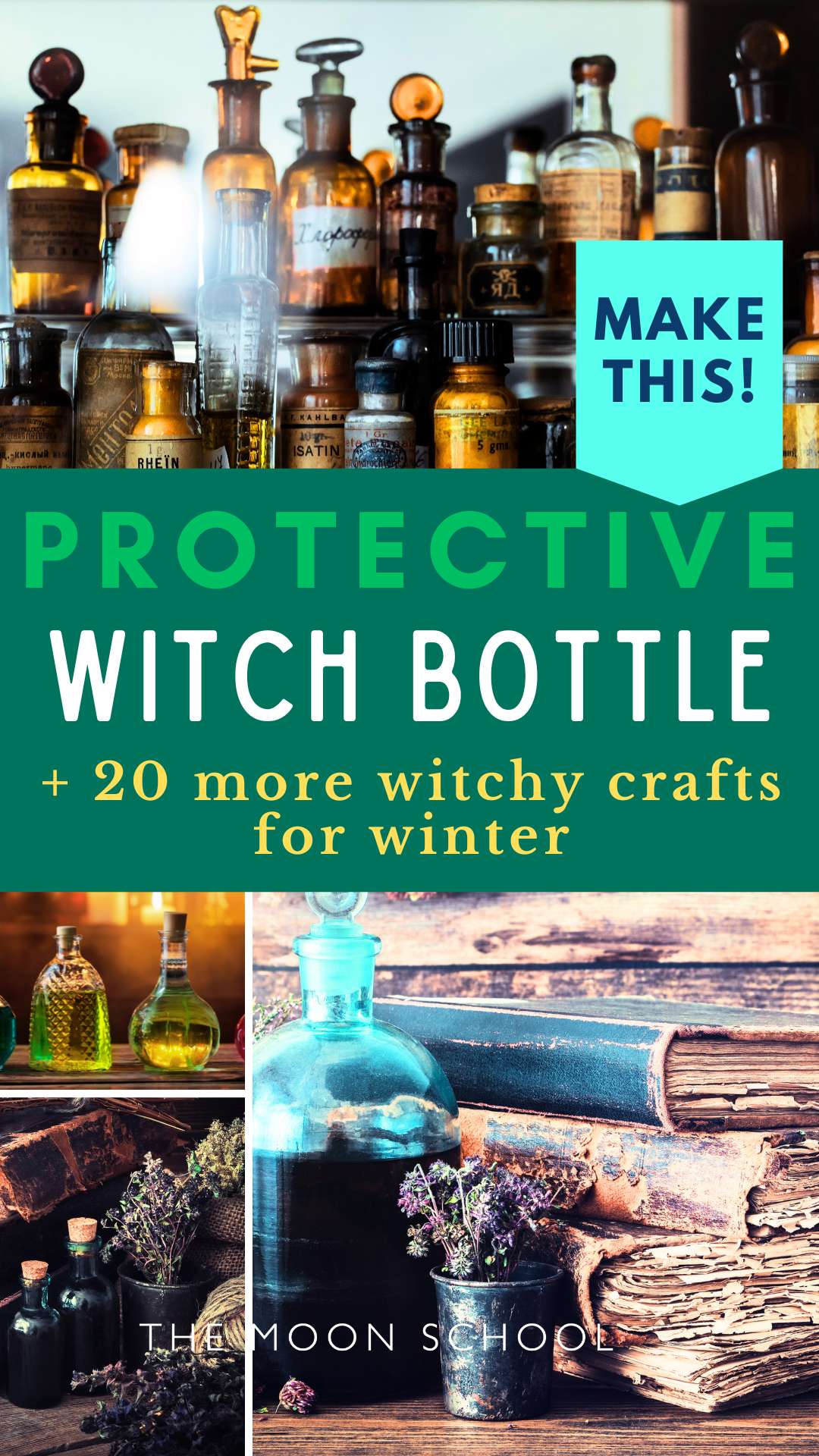 Pin showing a selection of witches bottles for protection 