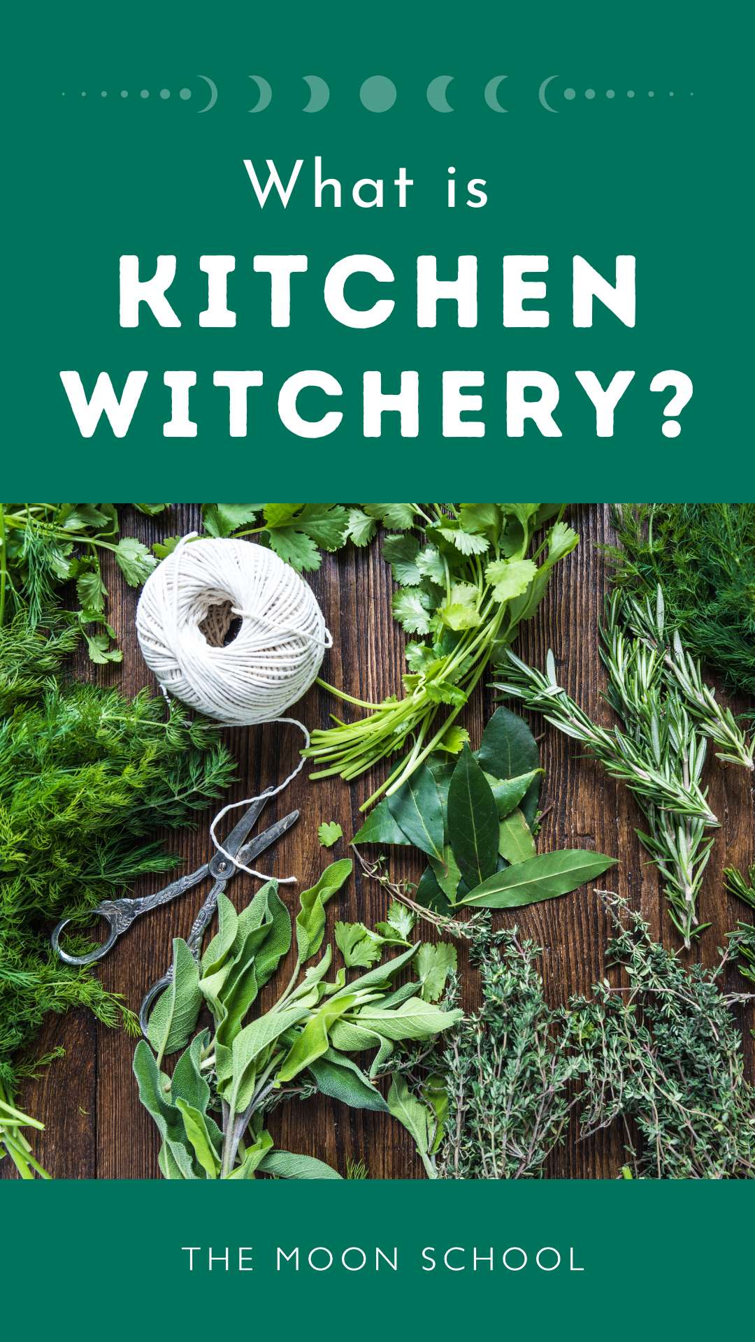 Kitchen witch herbs correspondences and spellbook on green