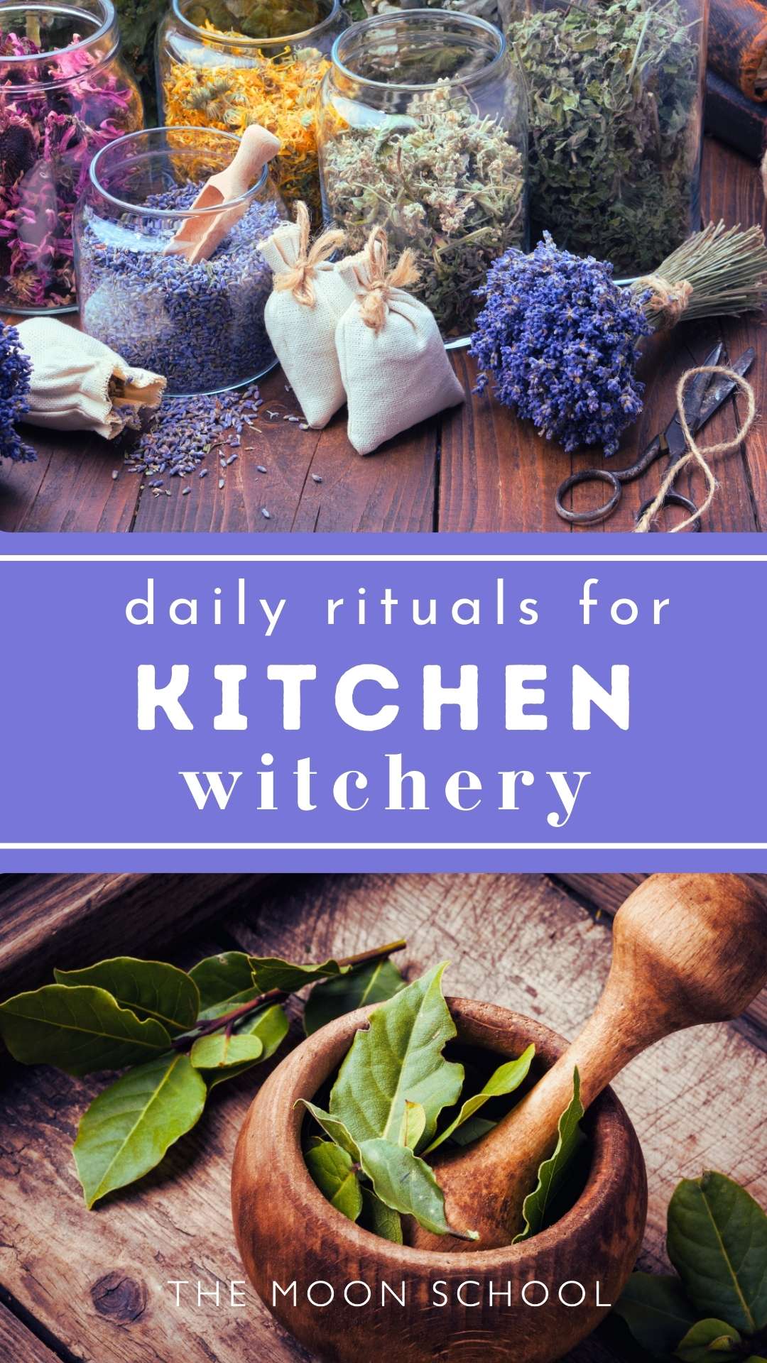 two photo collage pin showing kitchen witch tips with purple background