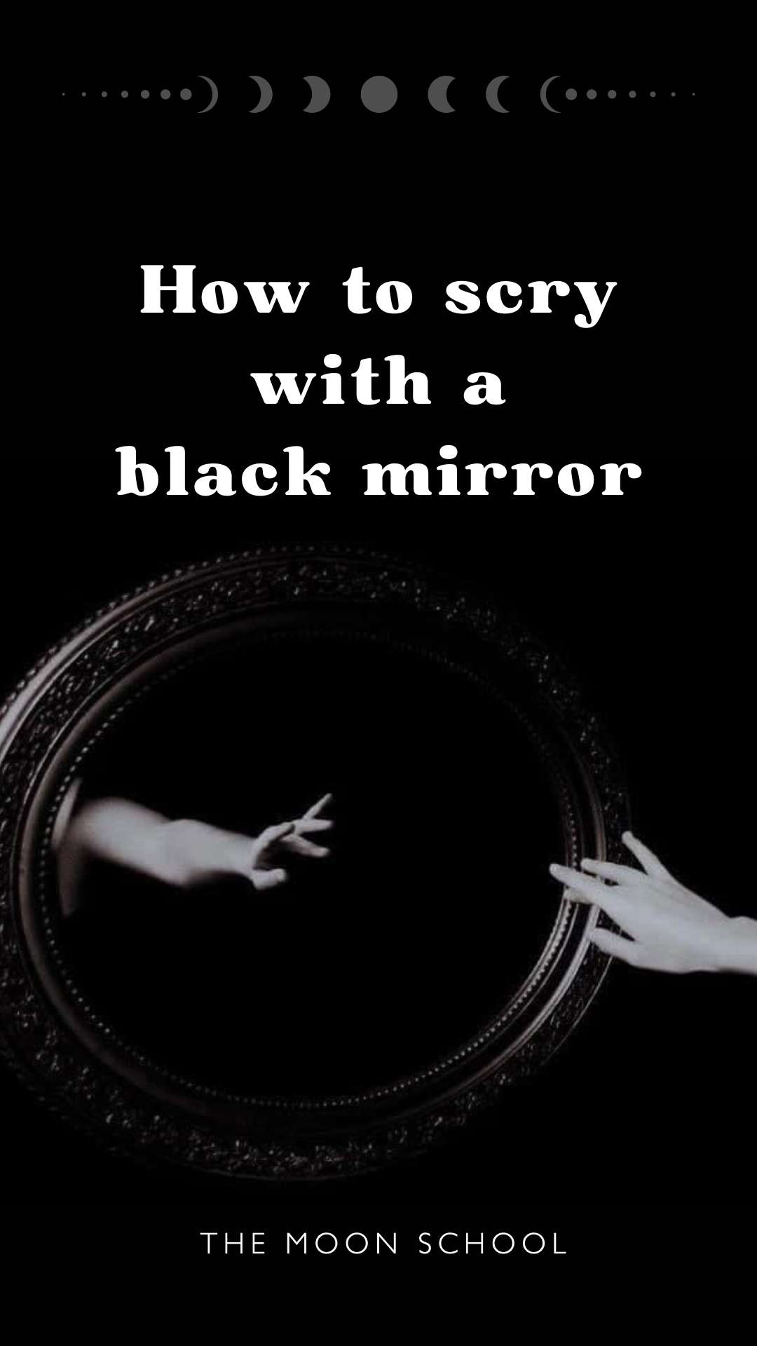 Witches hand reaching into prophetic image in a black mirror