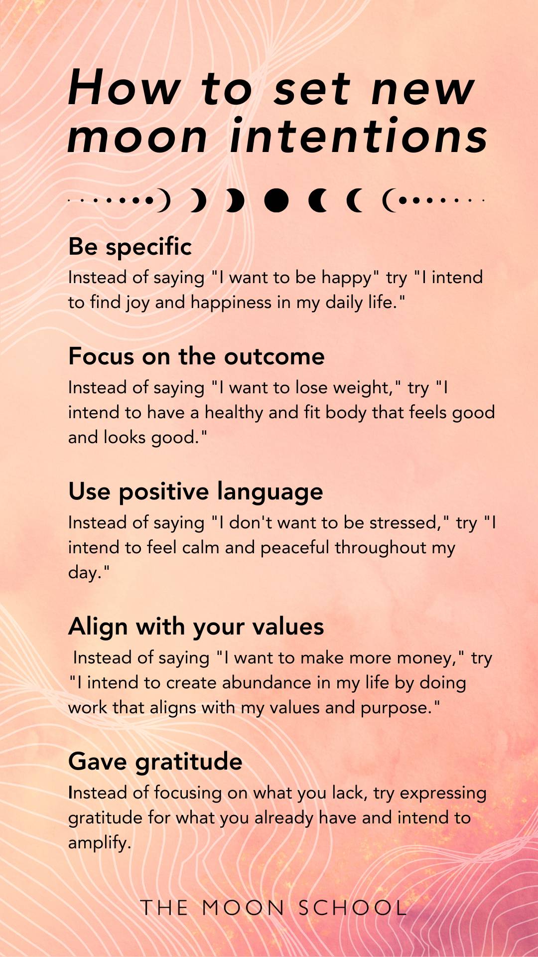 List of tips for setting new moon intentions to manifest your desires
