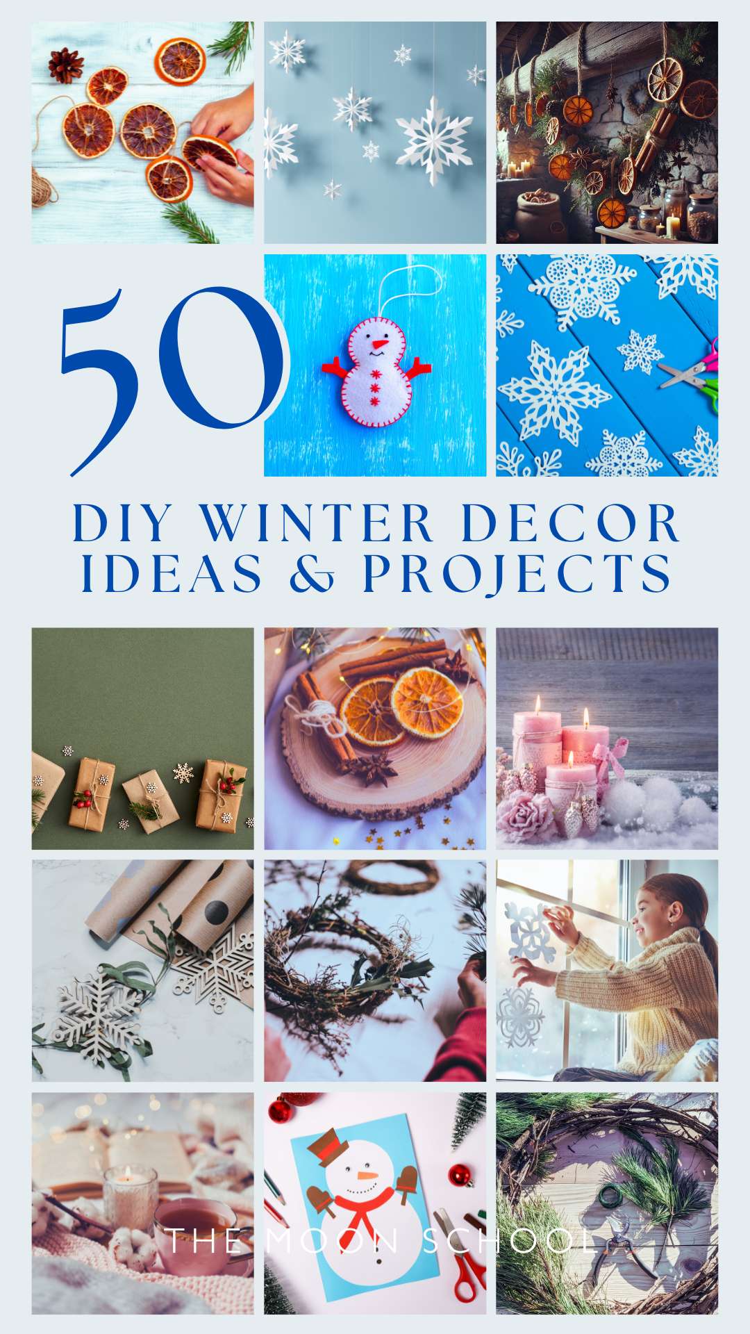 Collage pin with many images of DIY winter decor craft ideas