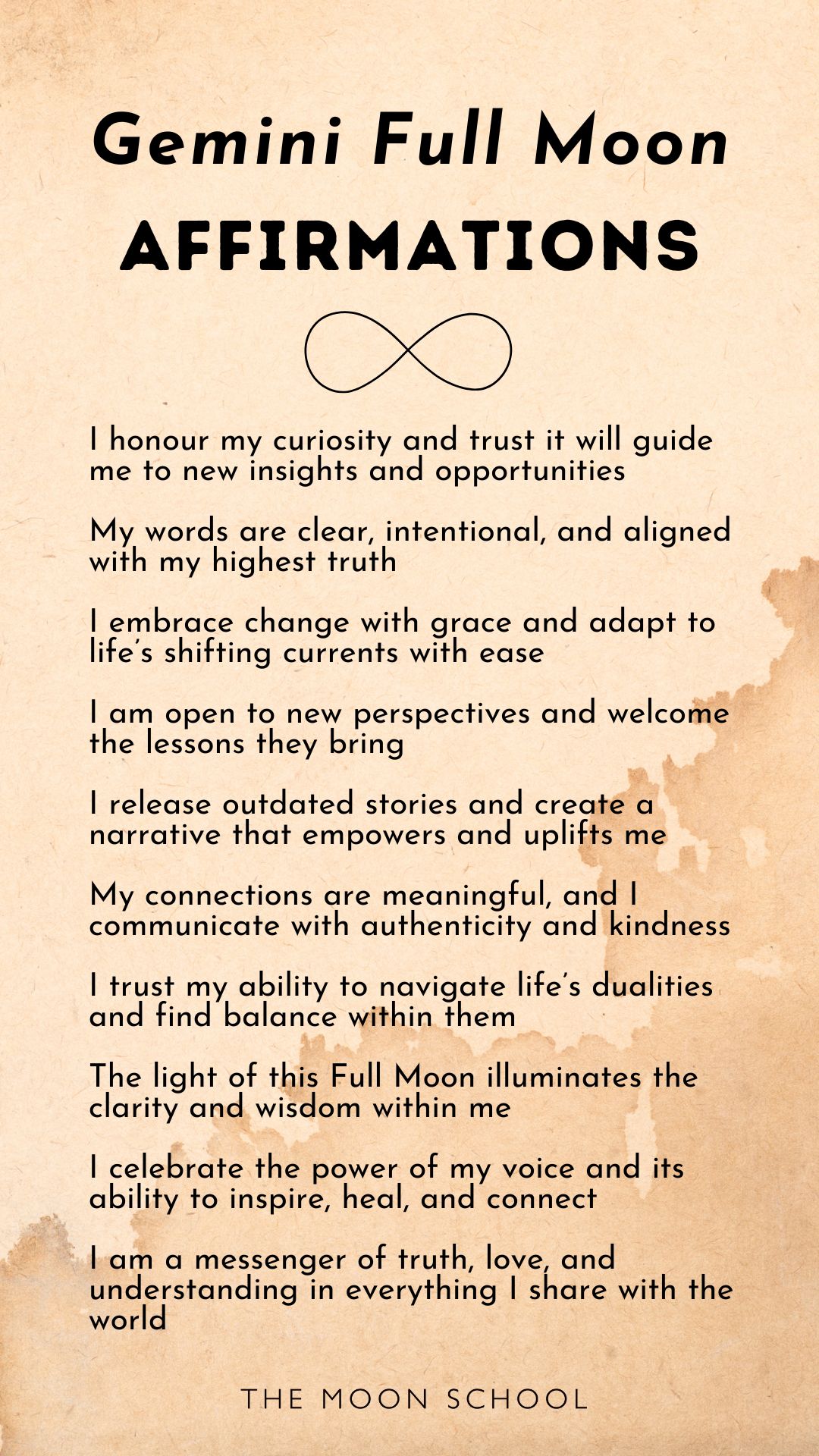 List of gemini full moon affirmations on old paper grimoire background