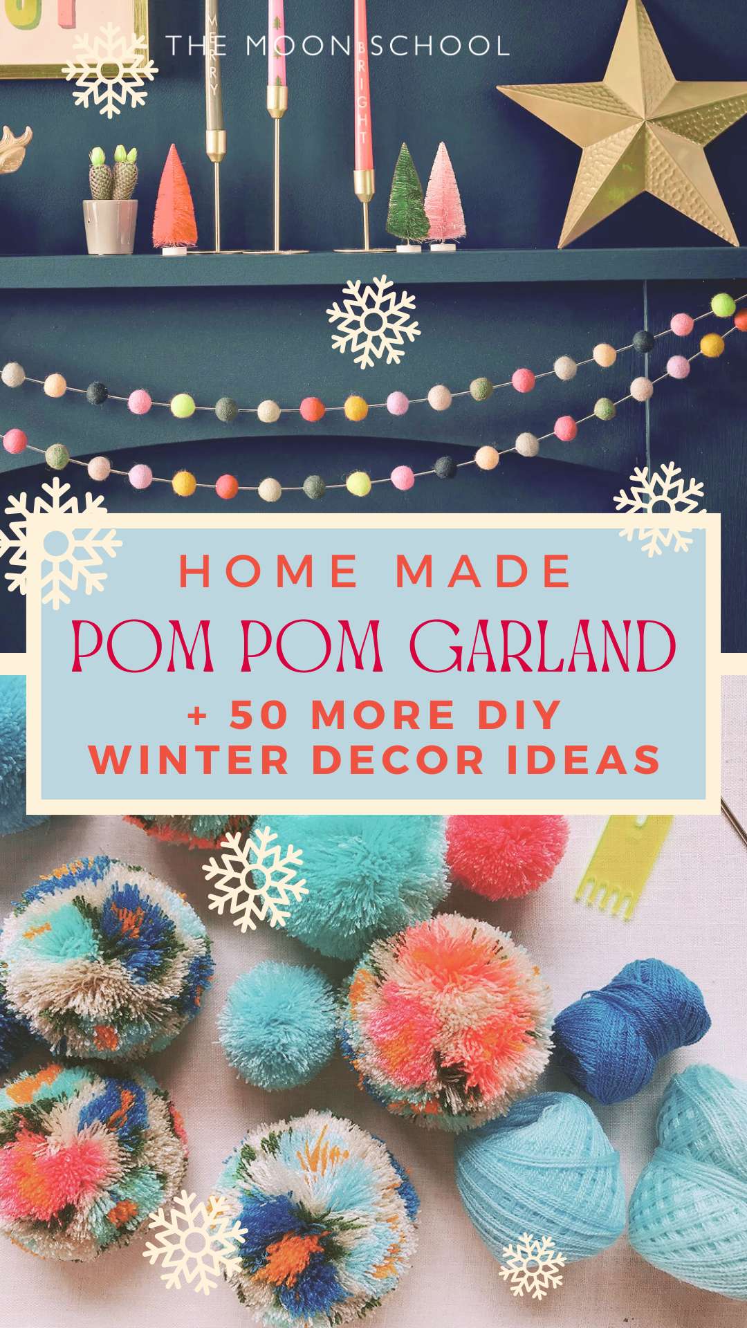 2 images of pom pom garlands in christmasy decor