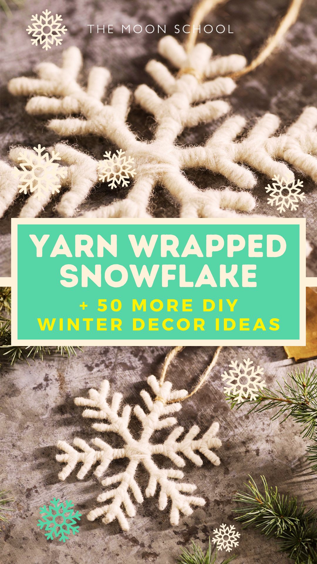 2 images od yarn wrapped snowflakes with  DIY Winter snowflake tutorial 
