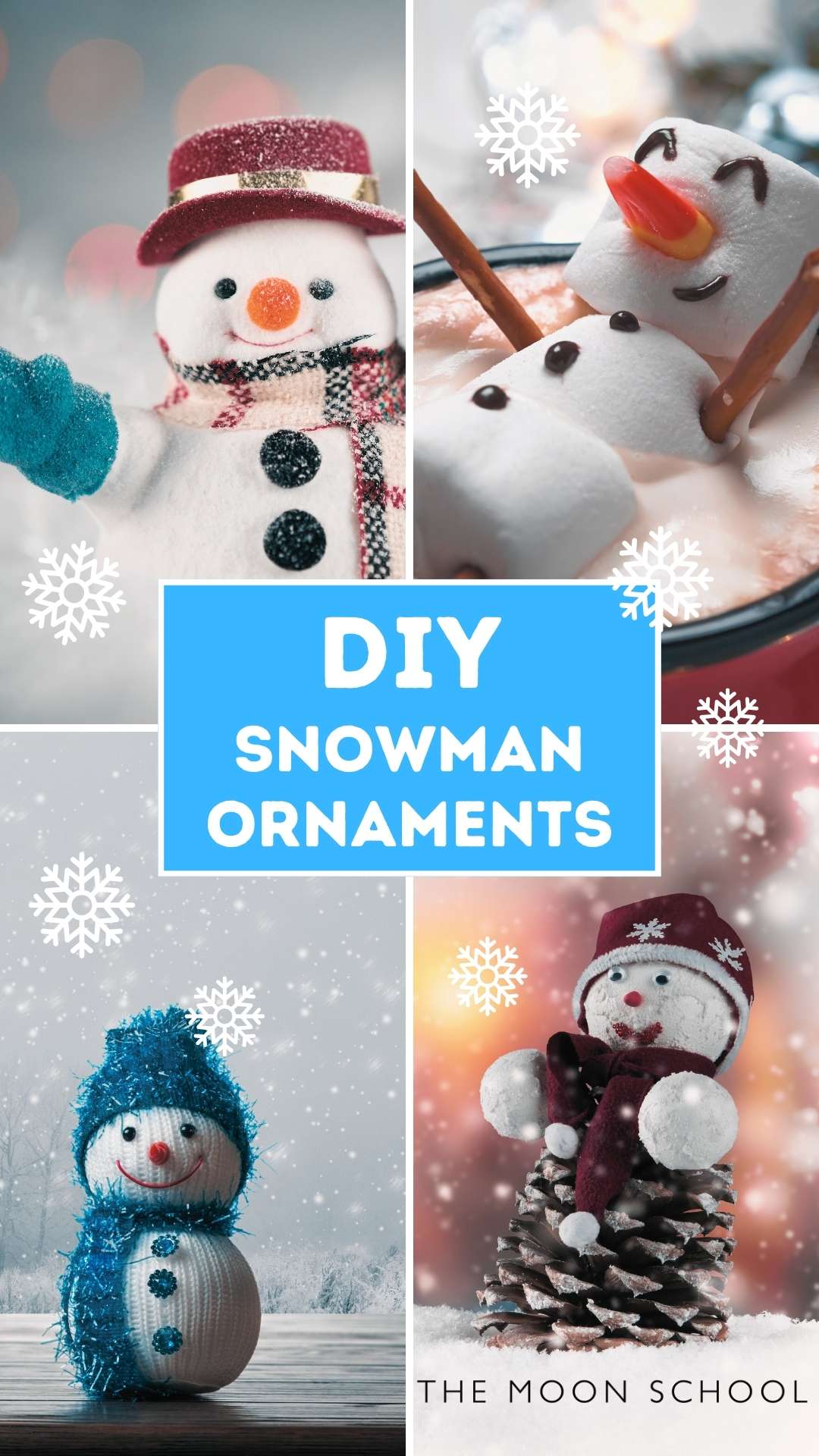 Collage of 4 images of cute DIY snowmen decorations