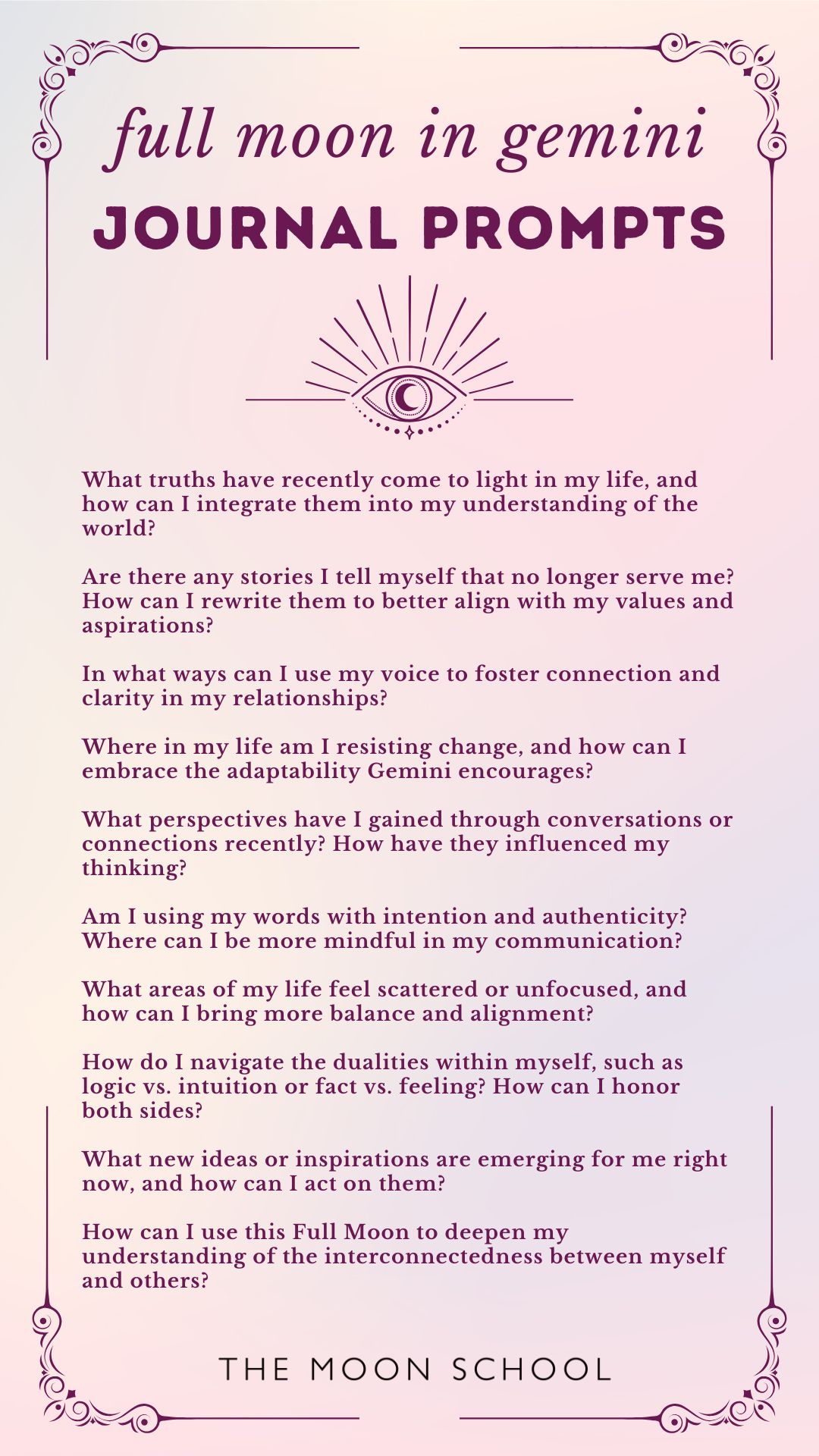 10 writing prompts for the gemini full moon on a pin background like a witch's book of shadows page