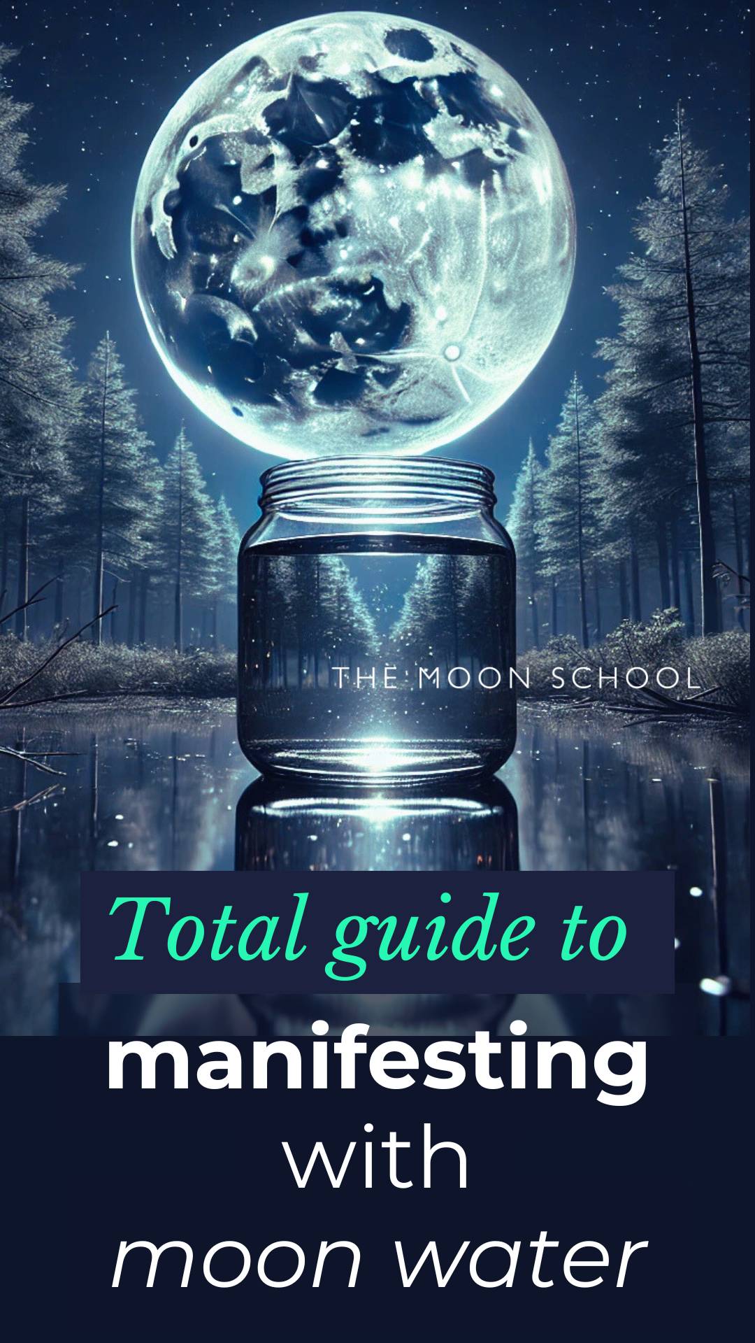 Jar of moon water beneath a full Moon in a pine forest in a magickal moon ritual