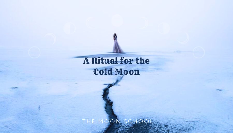 White witch ice queen in a winter landscape at the December full Cold Moon