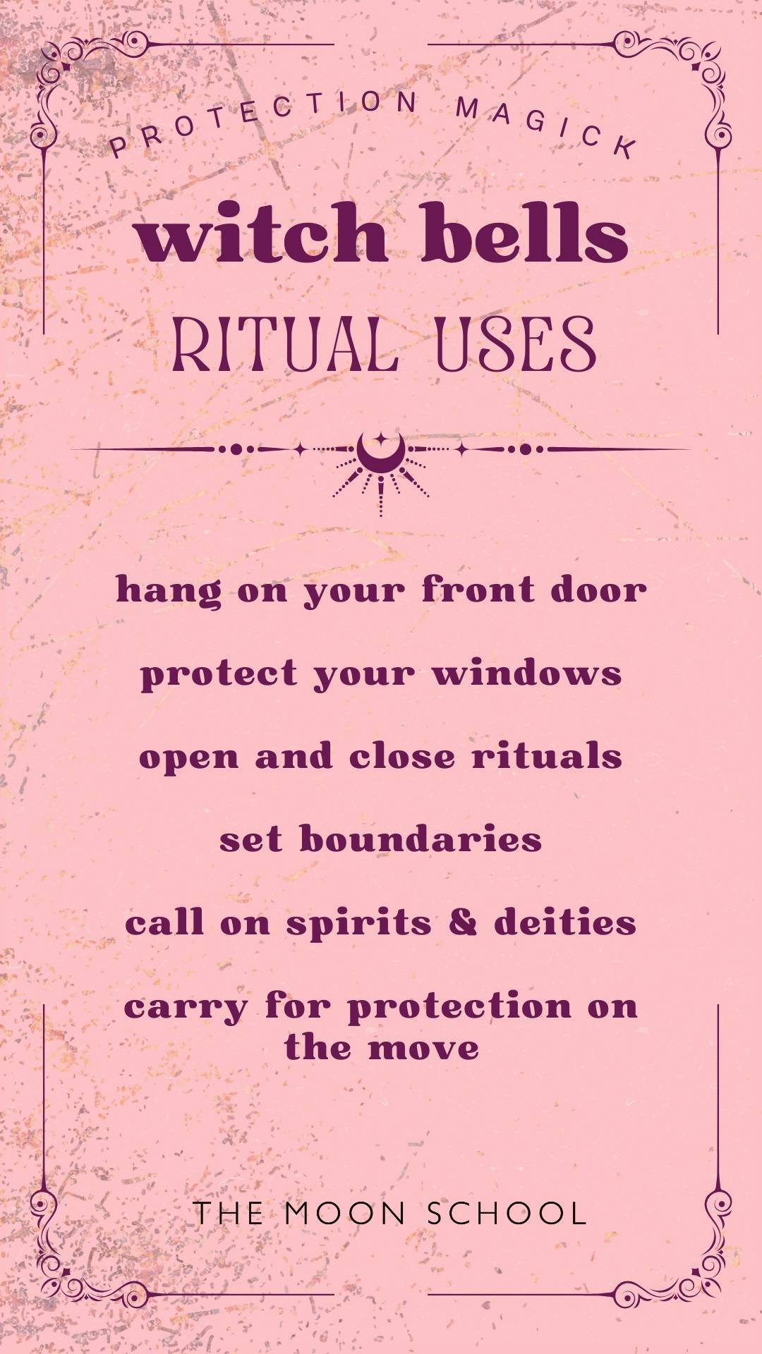 Pink Book of shadows page showing 6 uses of witch bells 
