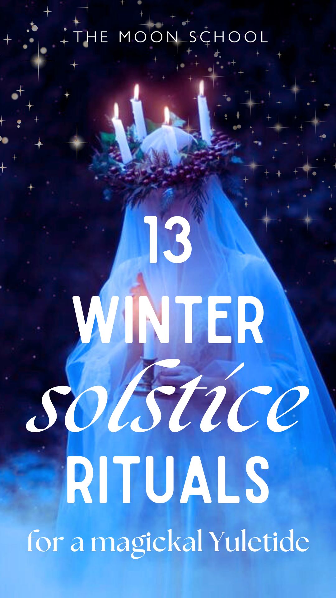 Winter solstice witch in a white gown carrying a candle