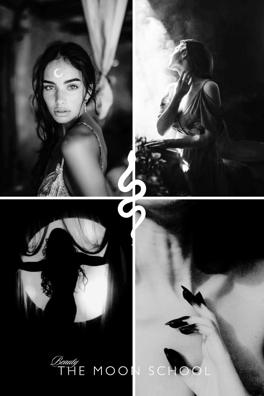 4 photo collage of dark feminine women with dark femme siren energy