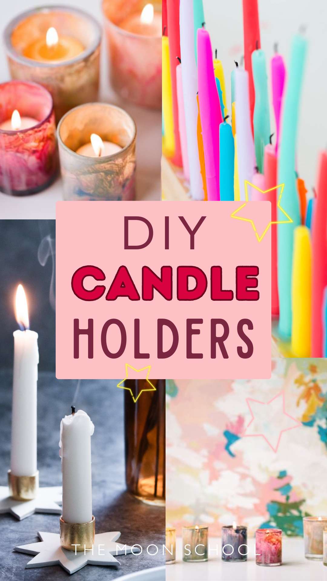 Collage of DIY candle holders on a pink background