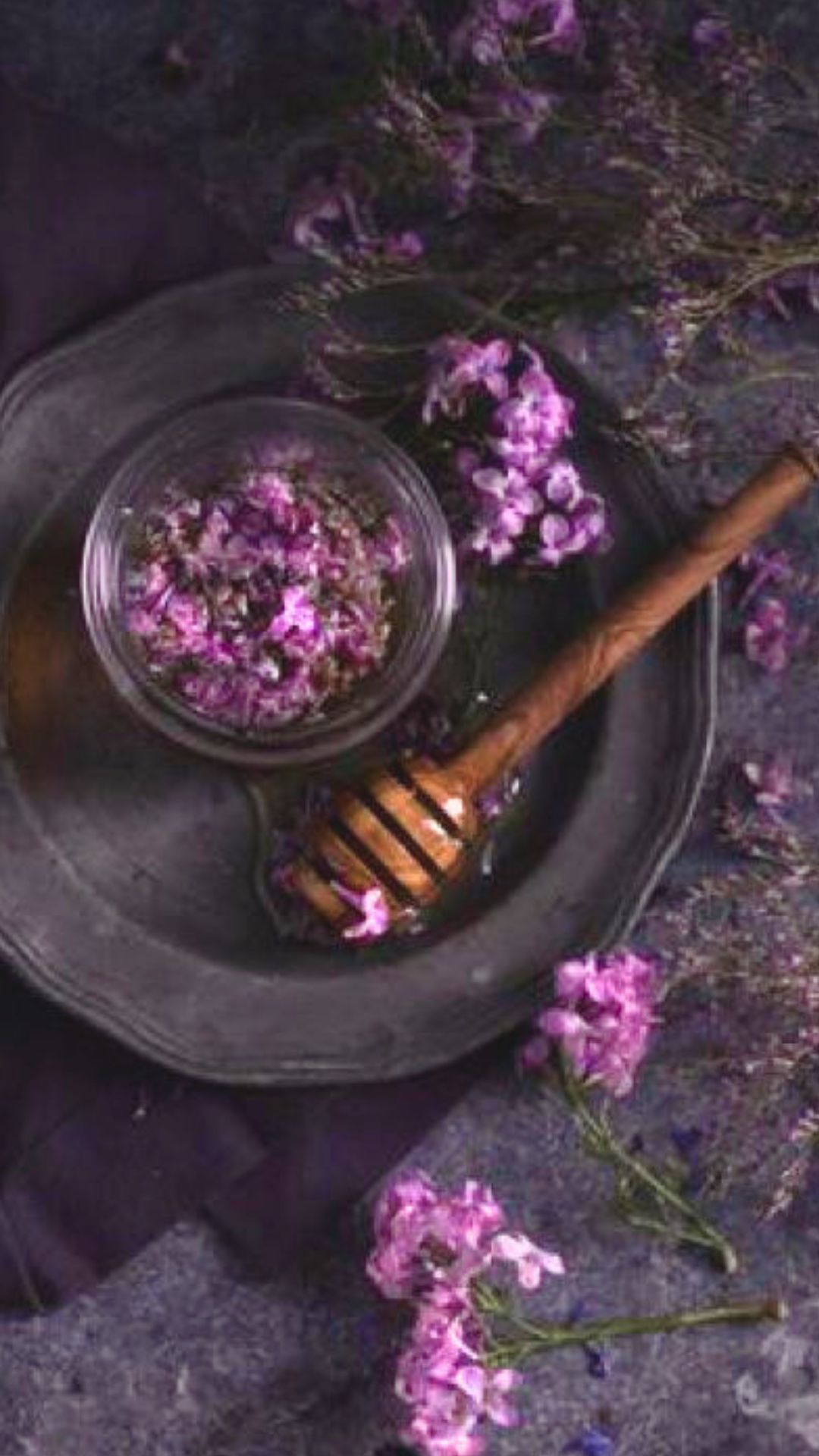 Purple magickal floral honey in a kitchen witch herbal spell