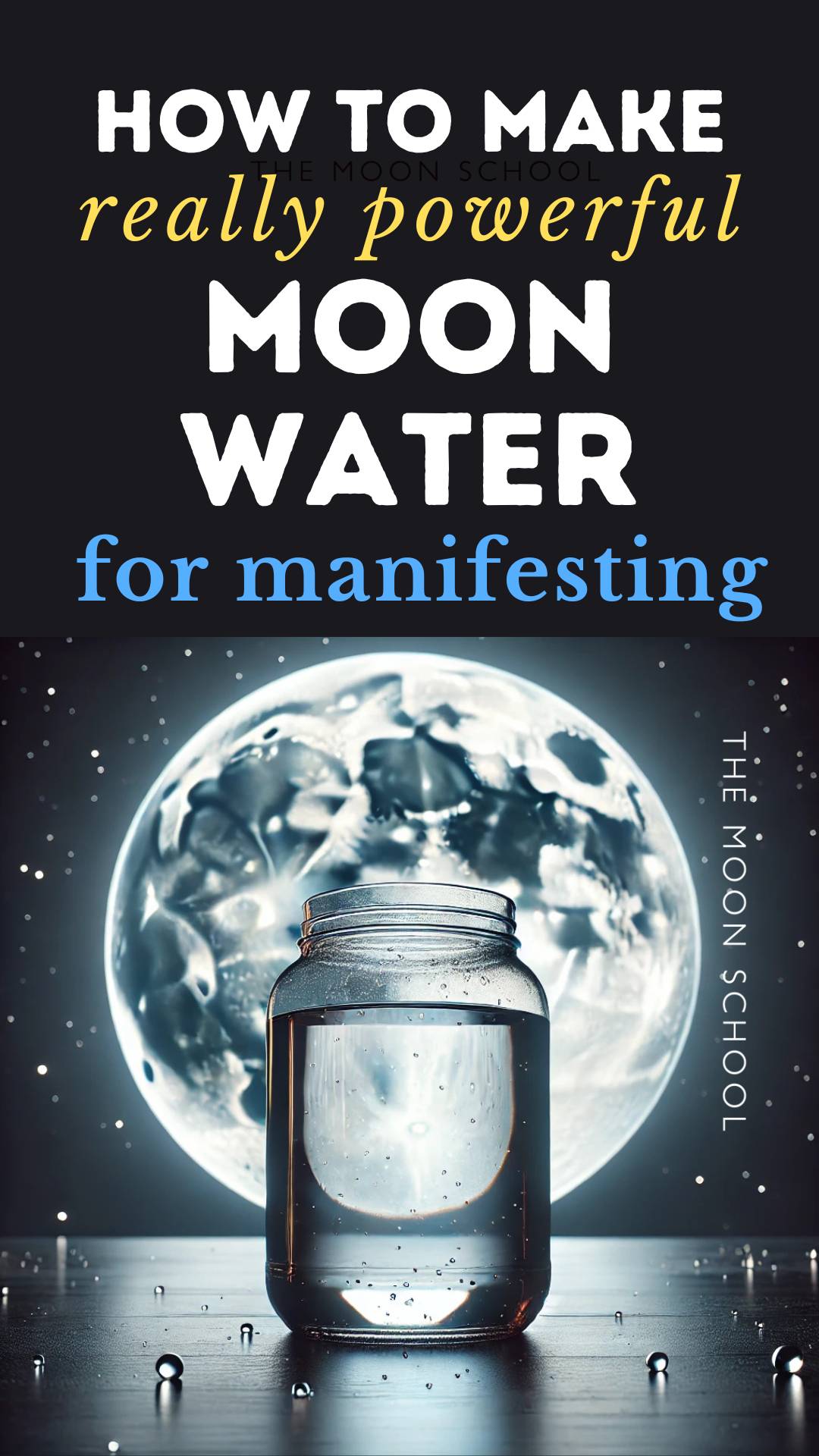 Jar of water placed in front of a full Moon in a moon magick manifesting ritual