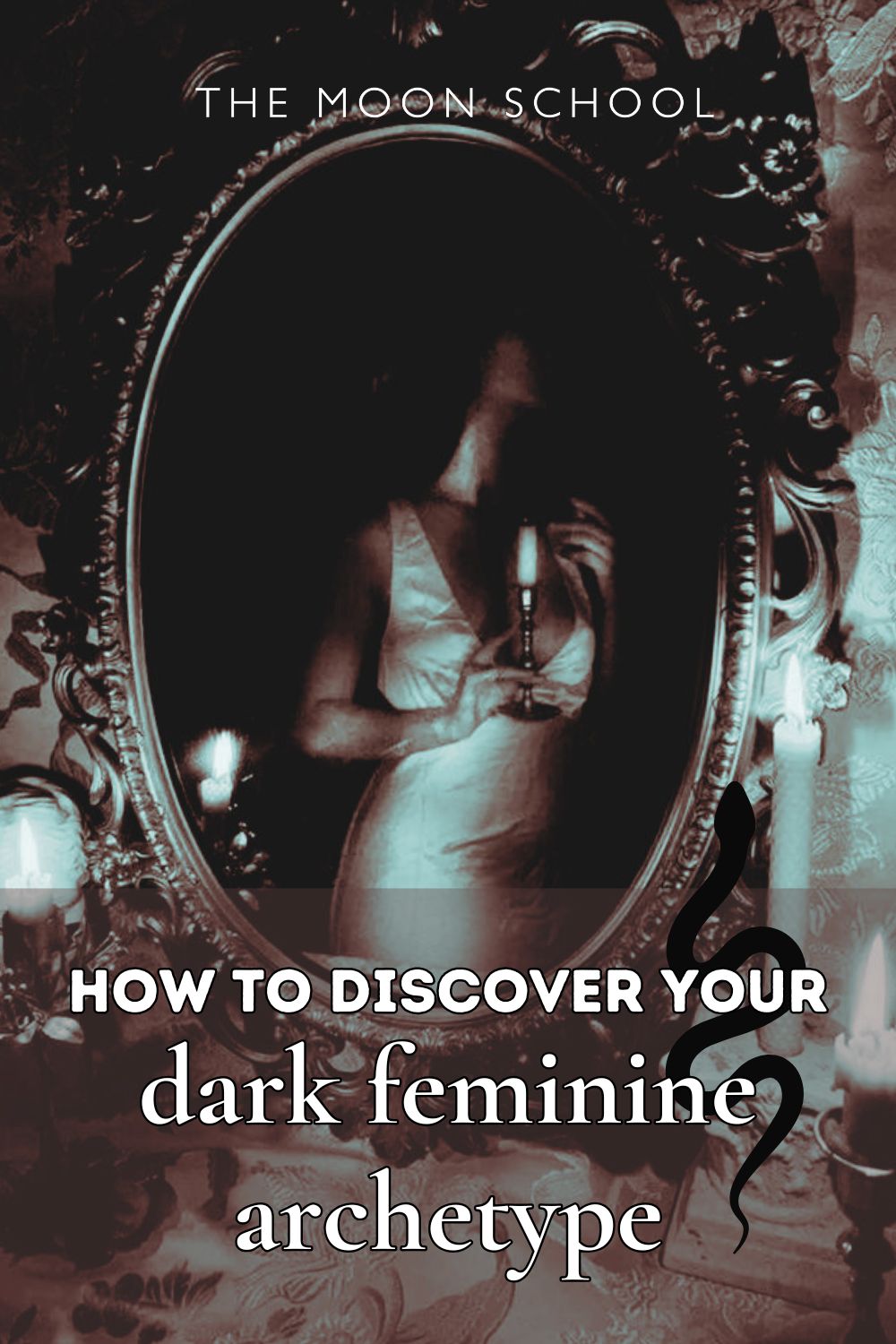 Dark femme siren woman lookinig into a black mirror
