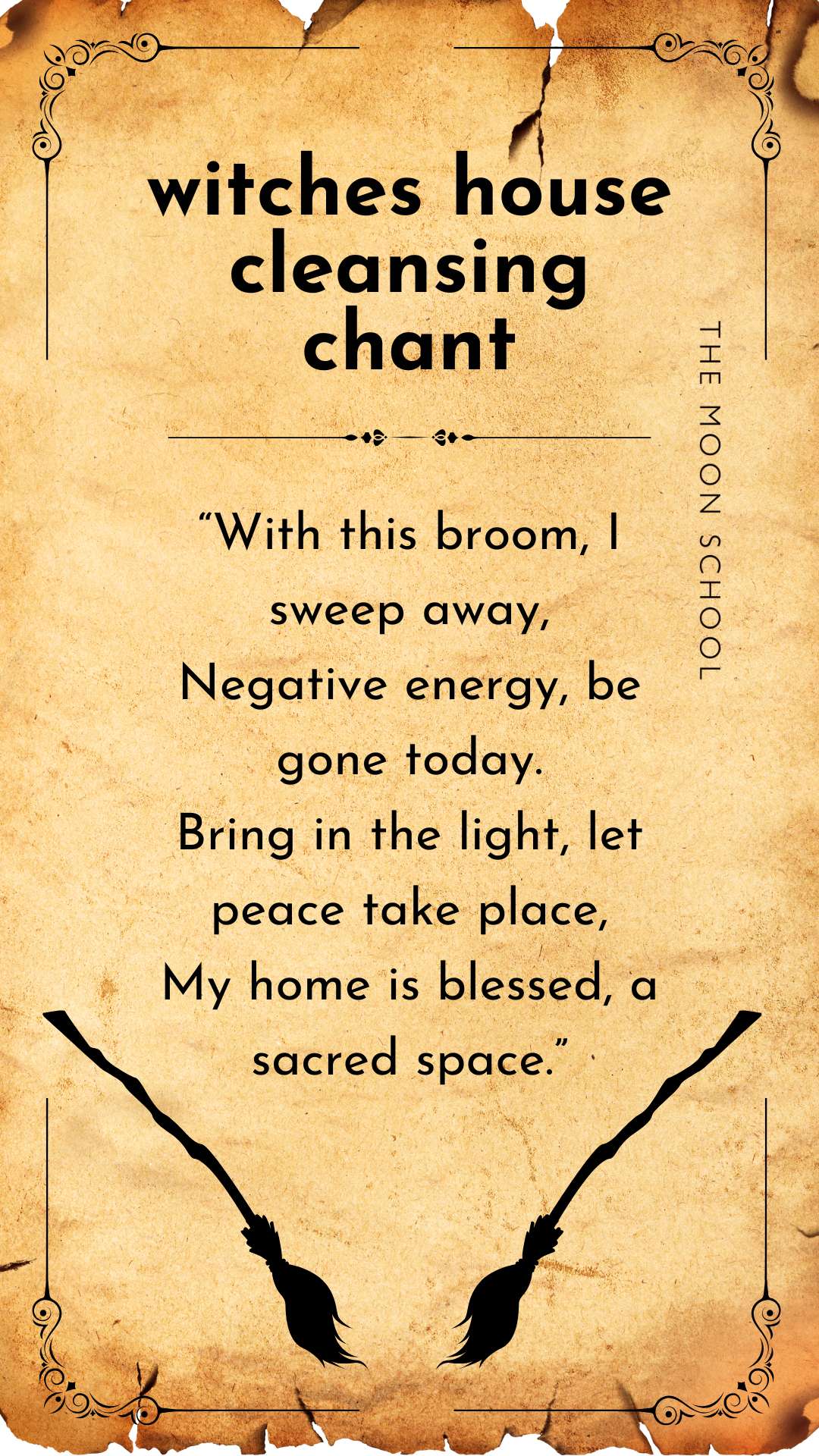 Grimoire page with a hearth witch blessing for sweeping out negativity in a cleansing ritual.