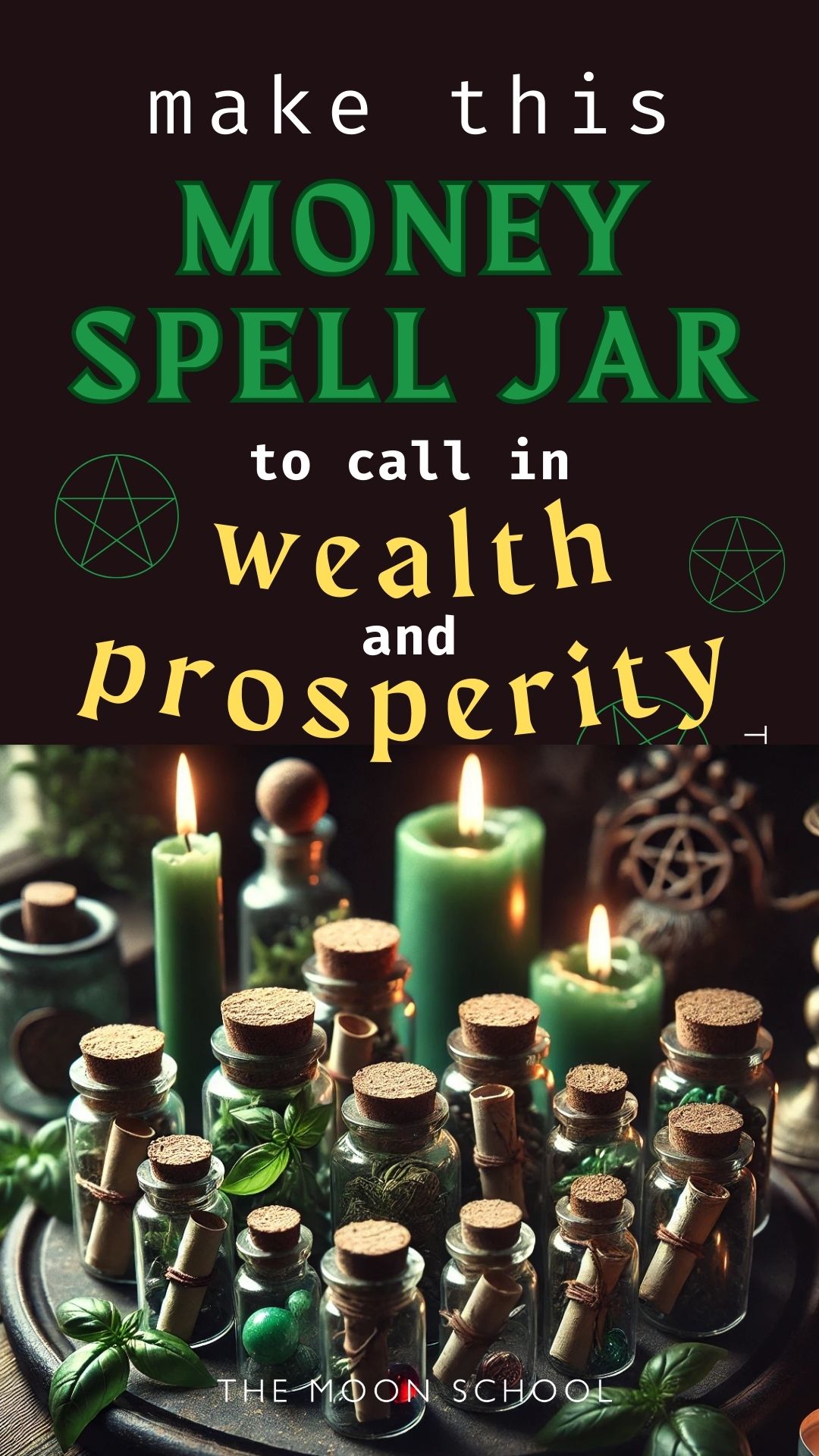 Cluster of green basil herbal spell jars on a witchy pagan altar