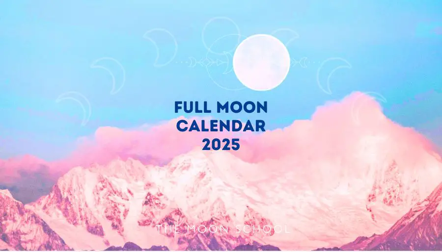 Beautiful full Moon rising in a blue sky over pink mountains with title" Full Moon Calendar 2025 in capitals in center