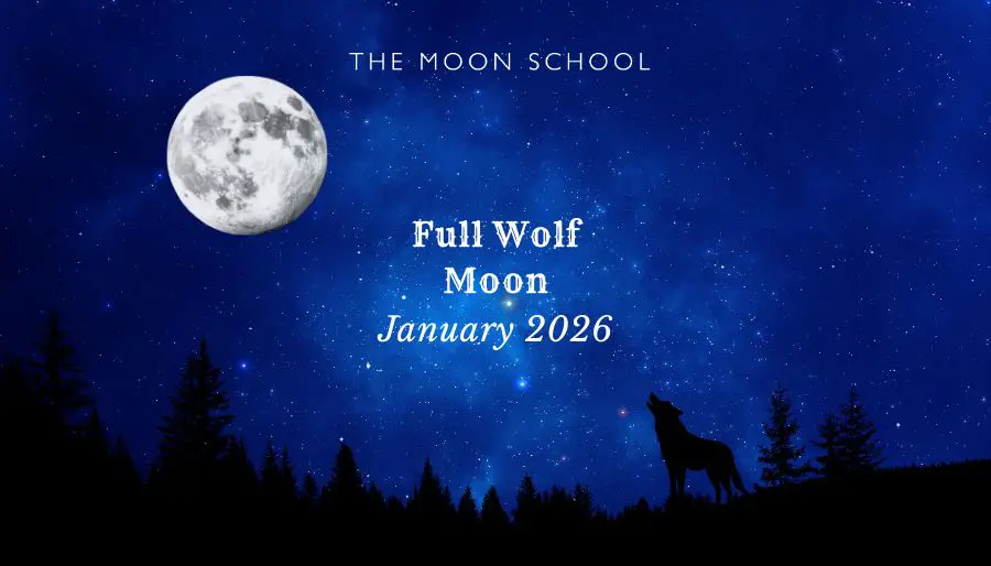 Full wolf moon rising in a deep winter sky with a howling wolf