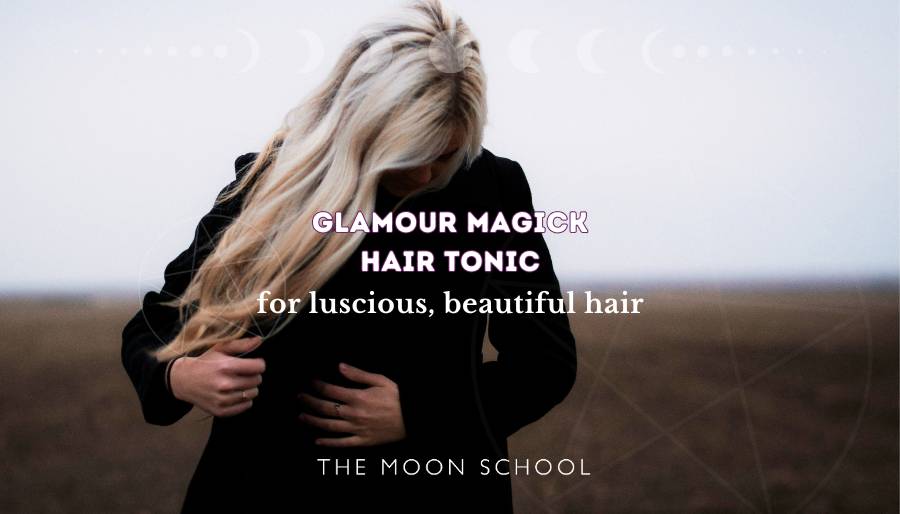 Beautiful crone woman with silver hair, and text: Glamour magick hair tonic for luscious , beautiful hair
