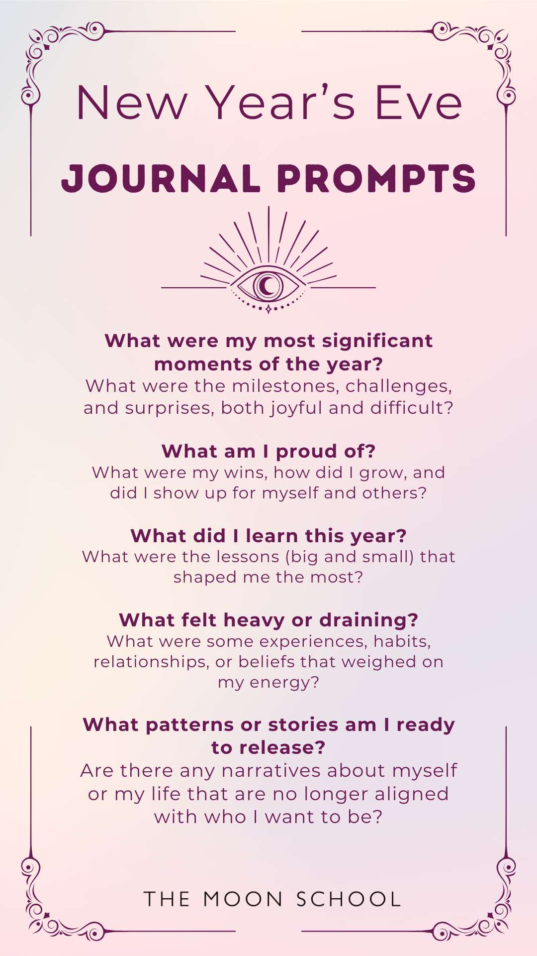 Journal Prompts for new years eve release ritual letting go List of journaling prompts for new years eve on pink mystical background