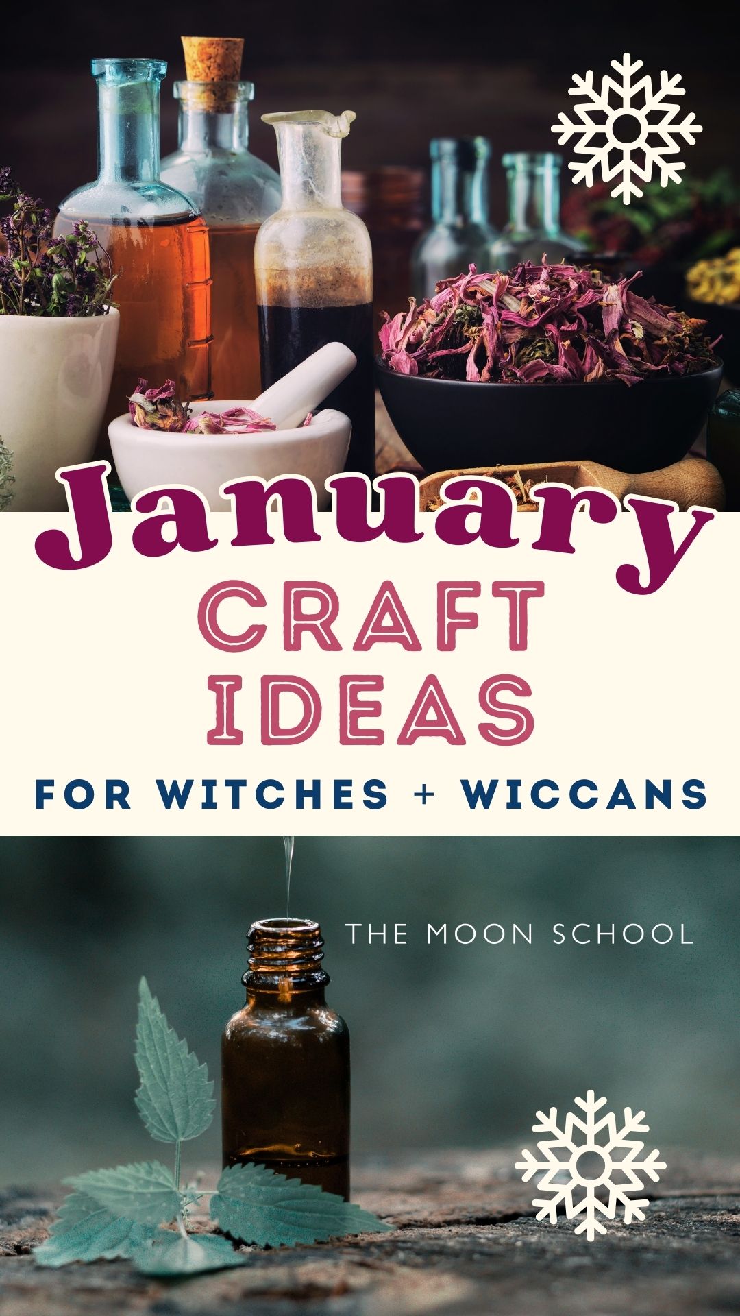 2 images of witchy winter crafts with text: January craft ideas for witches and wiccans on a cream coloured band