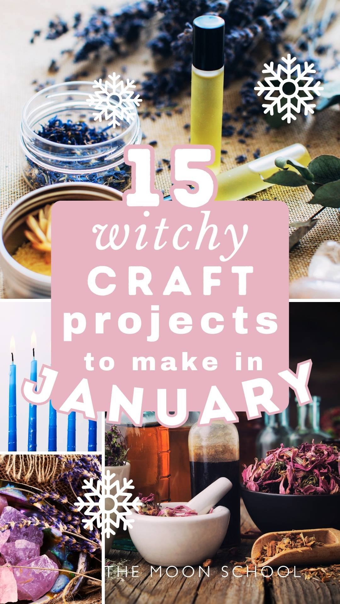 Collage pin showing 4 images of winter crafts for adults including herbal oils, candles and balms