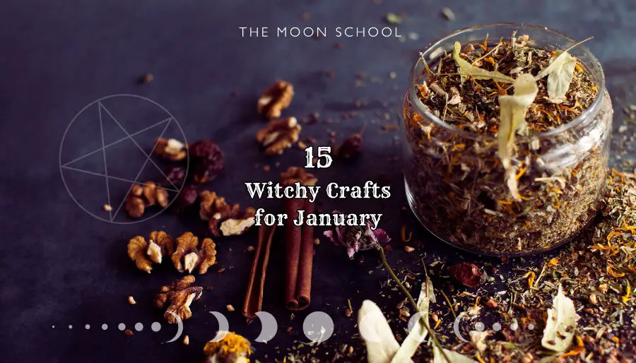 A witchy winter herbal mix in a jar with cinnamon sticks and walnuts on a dark slate tabletop