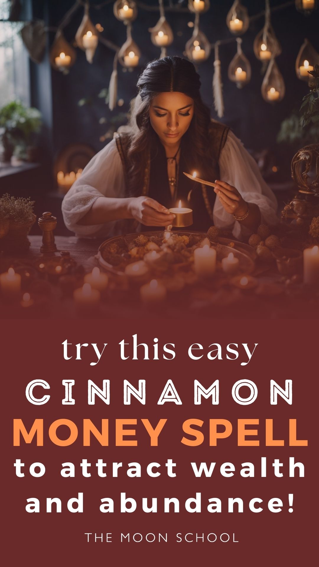 Witchy woman casting a money spell over a spiritual altar