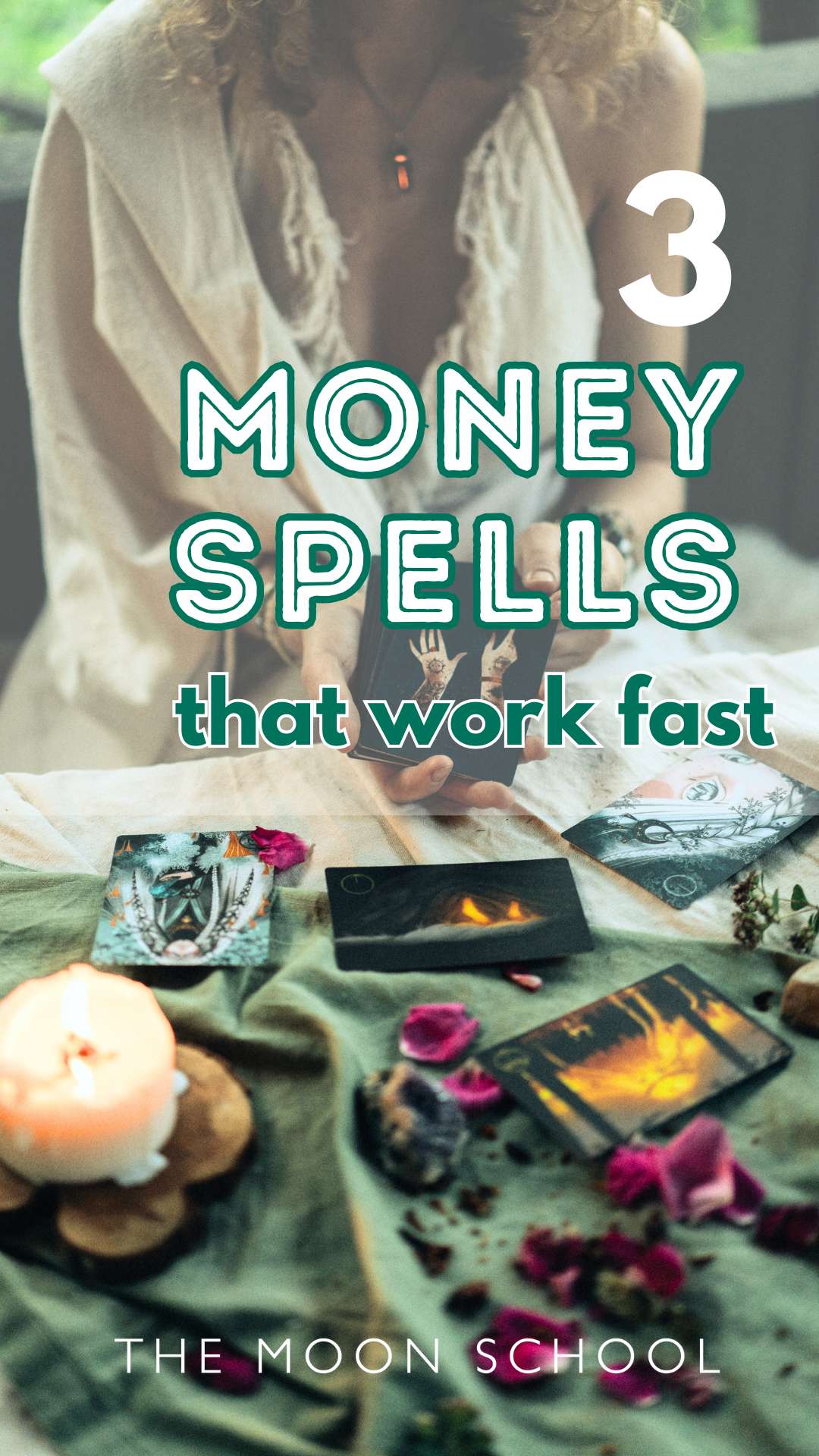 witchy woman sitting at a natural altar with money spells written in green and white text