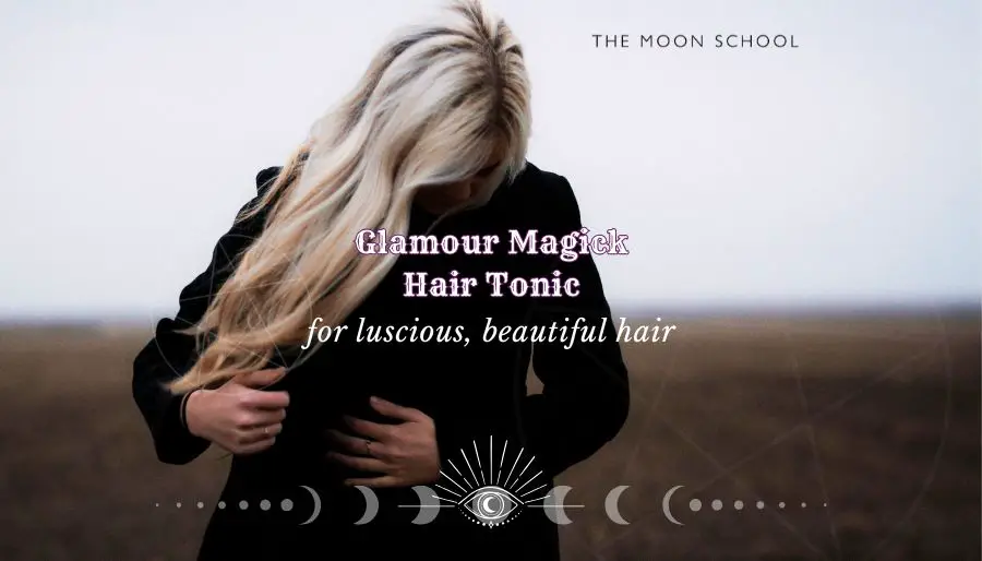 Beautiful crone woman with silver hair, and text: Glamour magick hair tonic spell for luscious , beautiful hair