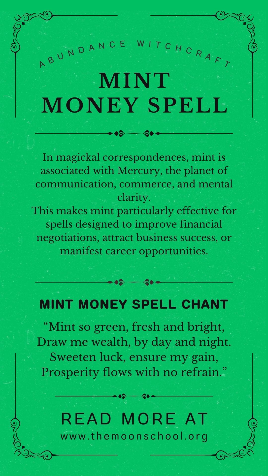 Green grimoire page with instructions for a money spell using mint